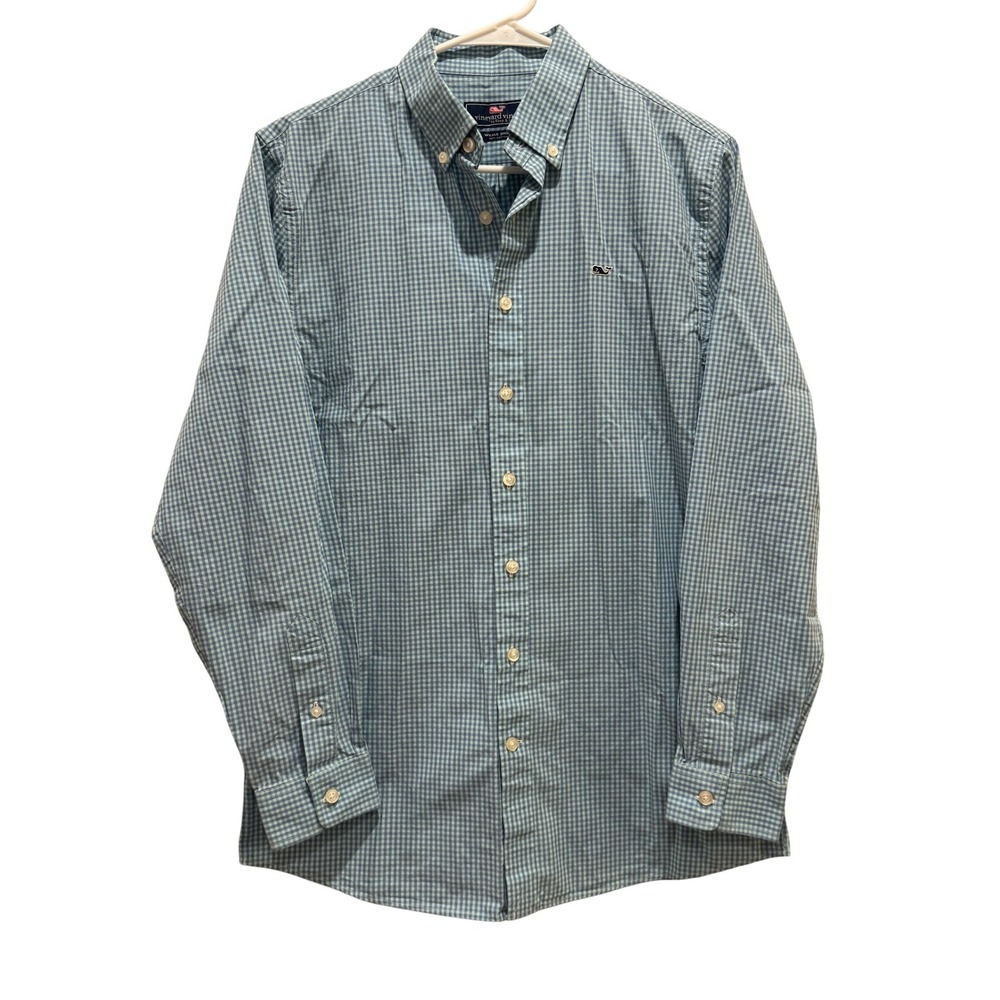 Vineyard Vines Whale Shirt Boys XL 18 Blue Green Spring‎ Gingham Button Down